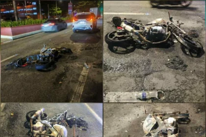 PCG member hurt as motorcycle catches after colliding with two vehicles in Manila