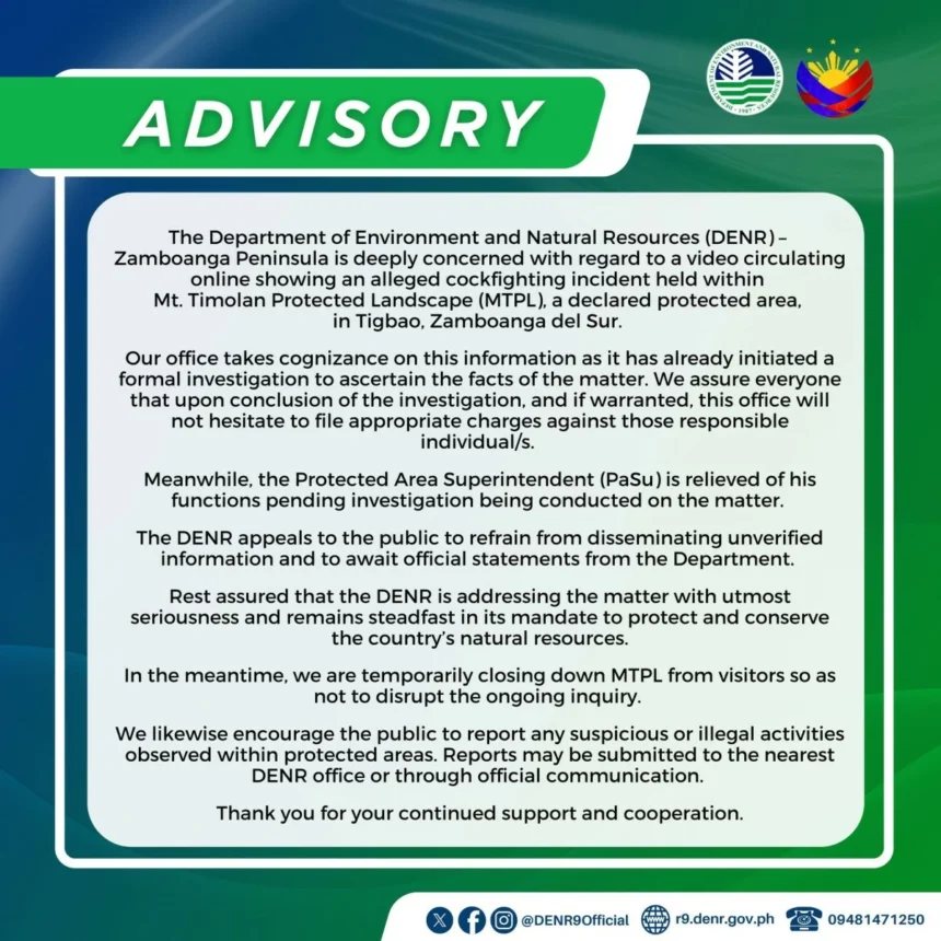 Zamboanga del Sur protected landscape shut amid cockfight probe