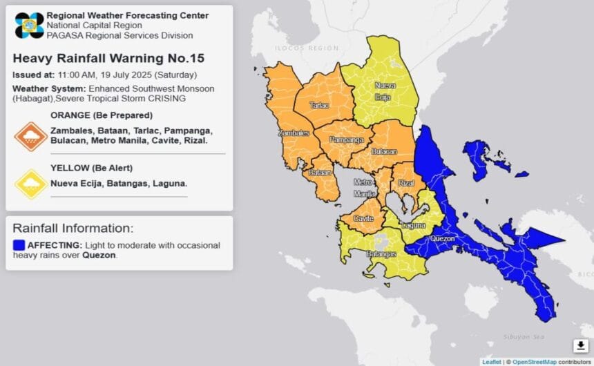 Orange rainfall warning up in Metro Manila, 7 other areas