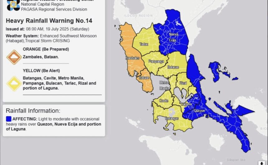 Orange rainfall warning up in Zambales, Bataan due to TS Crising