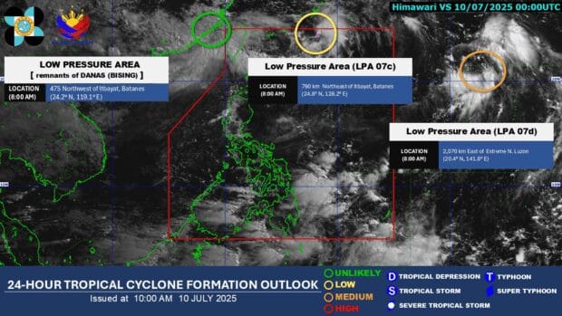 Pagasa detects three LPAs inside and outside PAR on Thursday (July 10)
