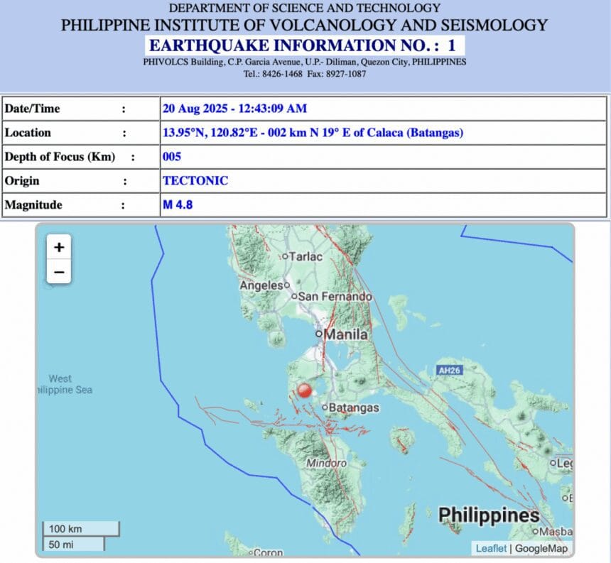 4.8-magnitude earthquake strikes Batangas; felt as far as MM