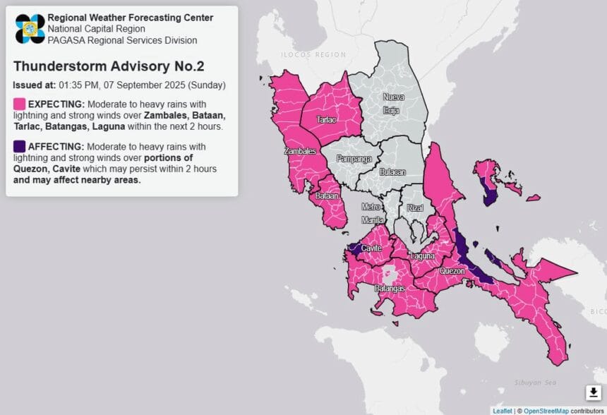 Thunderstorms forecast in 5 Luzon provinces Sunday afternoon